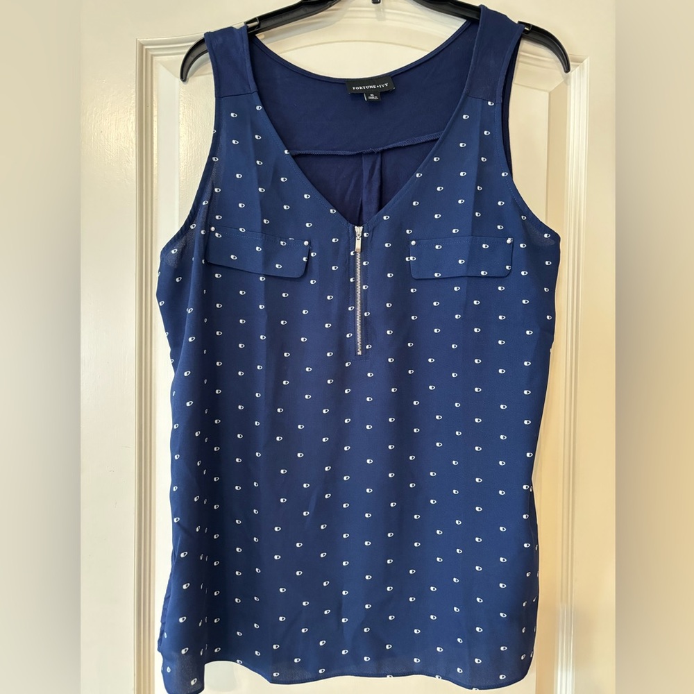 Foxcroft Navy Sleeveless Zip-Front Dot Tank